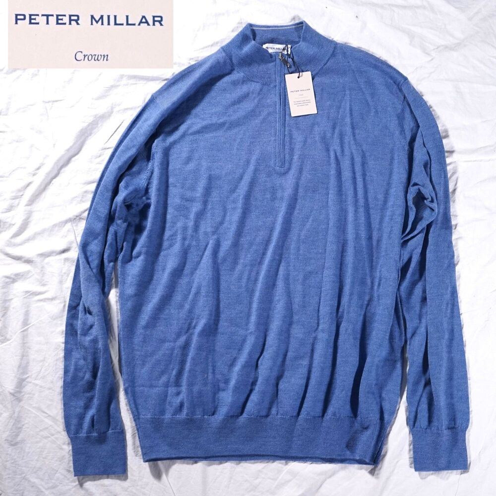 Peter Millar Crown Merino Wool Quarter Zip Sweater Blue Mens Large NWT Was $230 - Picture 1 of 12